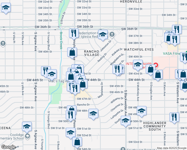 map of restaurants, bars, coffee shops, grocery stores, and more near 1545 Southwest 44th Street in Oklahoma City