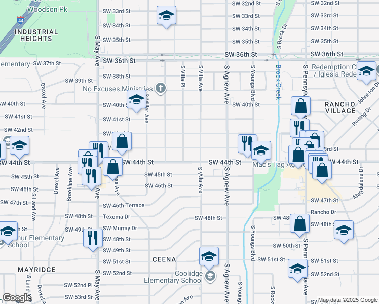 map of restaurants, bars, coffee shops, grocery stores, and more near 2601 Southwest 44th Street in Oklahoma City
