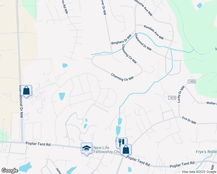 map of restaurants, bars, coffee shops, grocery stores, and more near 4139 Stream Dale Circle Northwest in Concord
