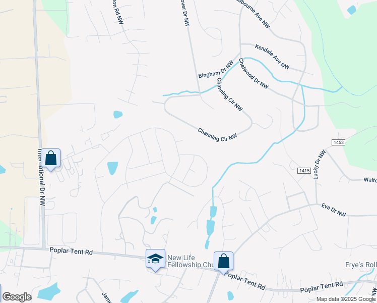 map of restaurants, bars, coffee shops, grocery stores, and more near 4131 Stream Dale Circle Northwest in Concord