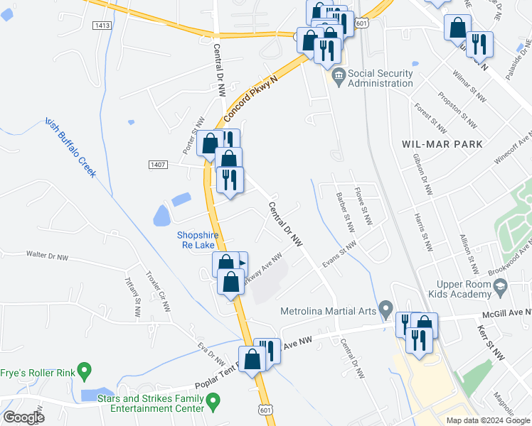 map of restaurants, bars, coffee shops, grocery stores, and more near 342 Camden Court Northwest in Concord