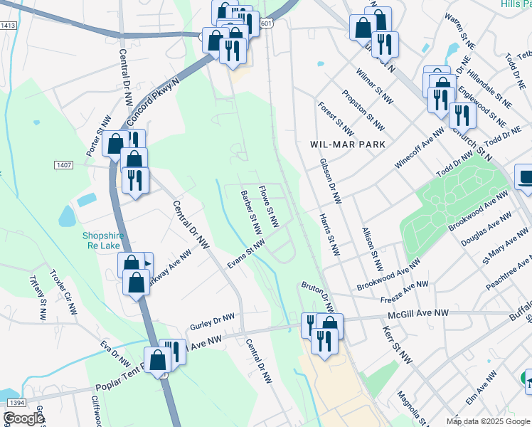 map of restaurants, bars, coffee shops, grocery stores, and more near 29 Flowe Street Northwest in Concord
