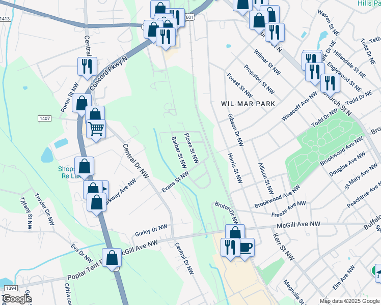 map of restaurants, bars, coffee shops, grocery stores, and more near 29 Flowe Street Northwest in Concord