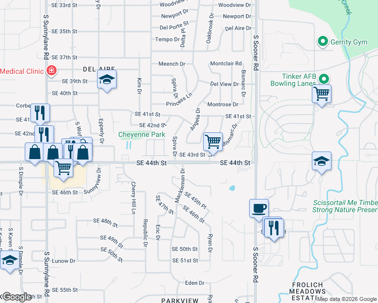 map of restaurants, bars, coffee shops, grocery stores, and more near 4732 Southeast 43rd Street in Del City