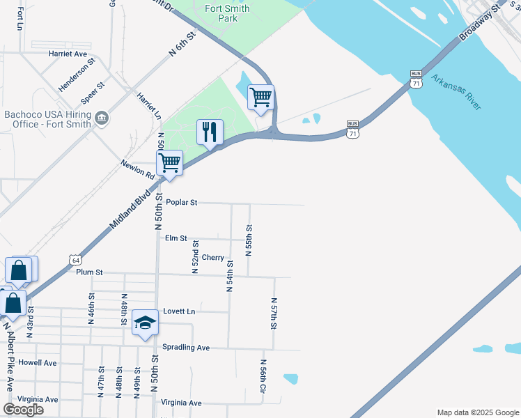 map of restaurants, bars, coffee shops, grocery stores, and more near 5508 Poplar Street in Fort Smith