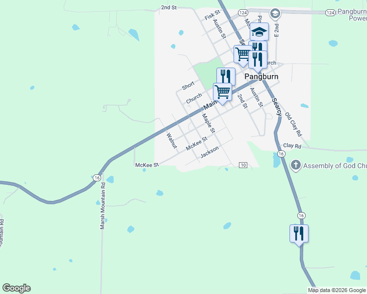 map of restaurants, bars, coffee shops, grocery stores, and more near 204 McKee Street in Pangburn