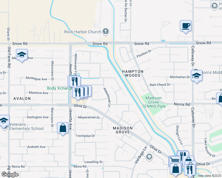 map of restaurants, bars, coffee shops, grocery stores, and more near 6809 Chinook Falls Drive in Bakersfield