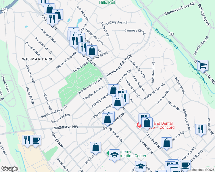map of restaurants, bars, coffee shops, grocery stores, and more near 381 North Carolina 73 in Concord
