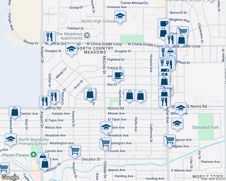map of restaurants, bars, coffee shops, grocery stores, and more near 443 Linda Vista Drive in Bakersfield