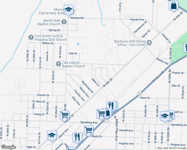 map of restaurants, bars, coffee shops, grocery stores, and more near 4419-4423 Allen Ln in Fort Smith
