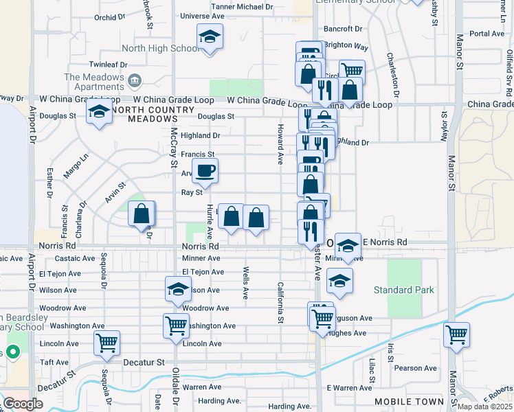 map of restaurants, bars, coffee shops, grocery stores, and more near 1607 Stockton Avenue in Bakersfield