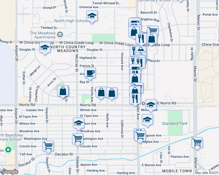 map of restaurants, bars, coffee shops, grocery stores, and more near 1607 Stockton Avenue in Bakersfield
