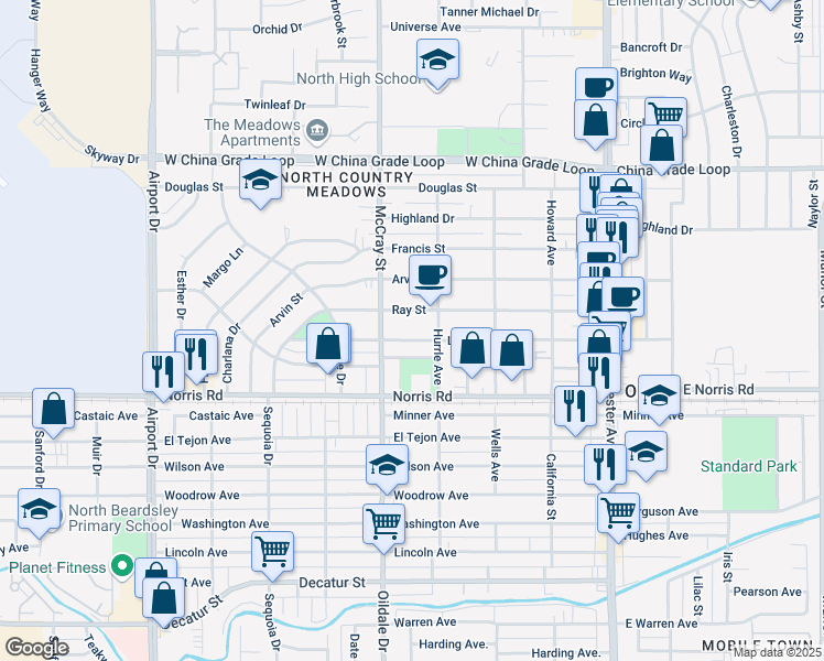 map of restaurants, bars, coffee shops, grocery stores, and more near 443 Linda Vista Drive in Bakersfield
