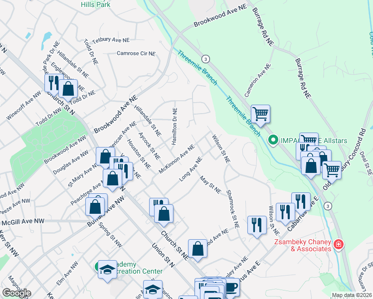 map of restaurants, bars, coffee shops, grocery stores, and more near 155 Long Avenue Northeast in Concord