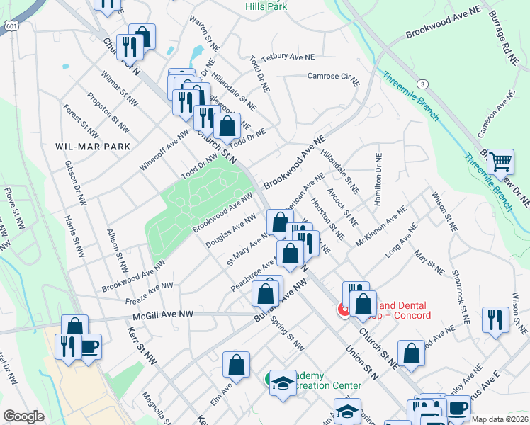 map of restaurants, bars, coffee shops, grocery stores, and more near 25 Douglas Avenue Northwest in Concord