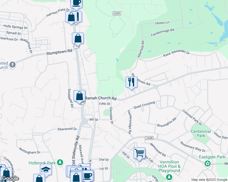 map of restaurants, bars, coffee shops, grocery stores, and more near 214 Ramah Church Road in Huntersville