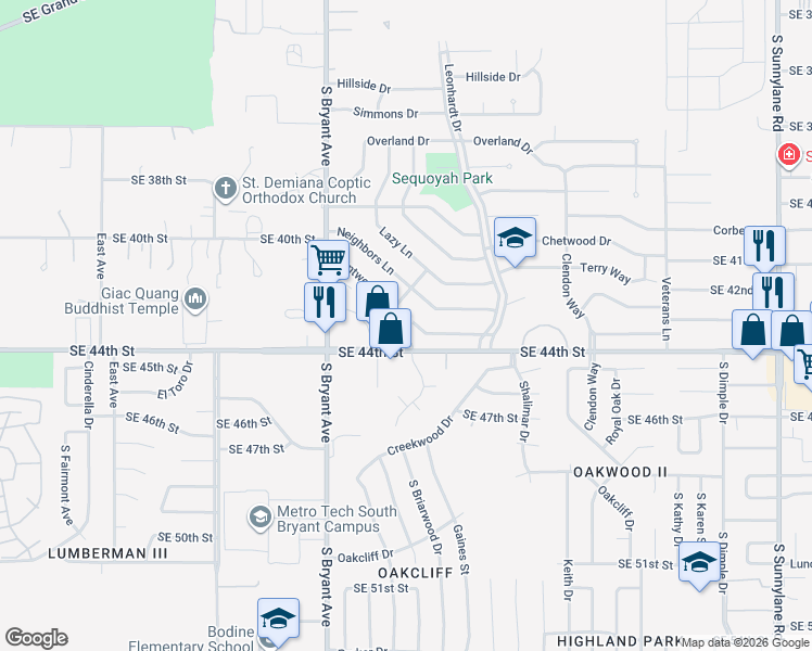 map of restaurants, bars, coffee shops, grocery stores, and more near 3216 Dentwood Terrace in Del City