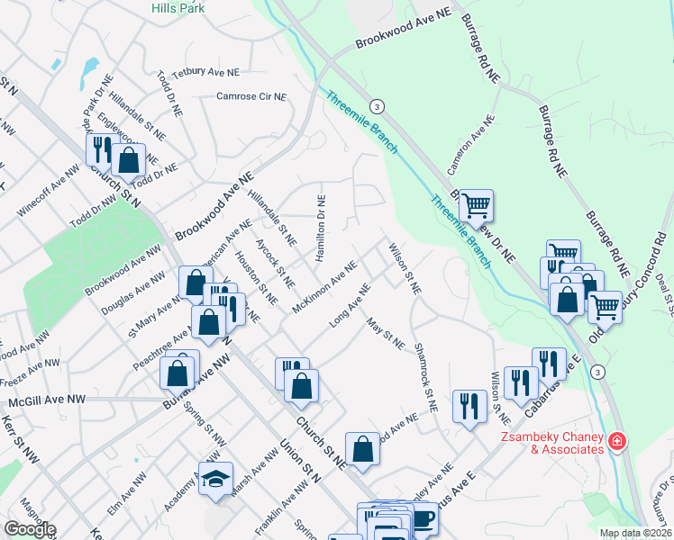 map of restaurants, bars, coffee shops, grocery stores, and more near 155 Long Avenue Northeast in Concord