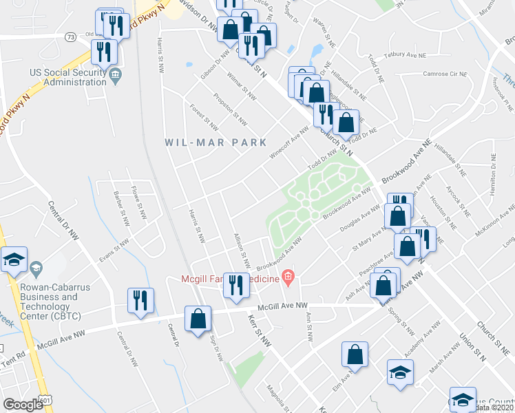 map of restaurants, bars, coffee shops, grocery stores, and more near 135 Todd Drive Northwest in Concord