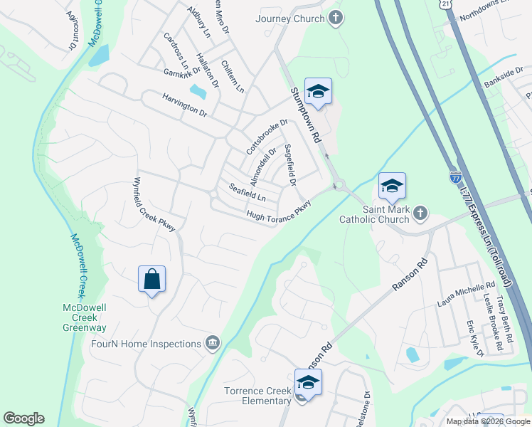 map of restaurants, bars, coffee shops, grocery stores, and more near 7435 Chaddsley Drive in Huntersville