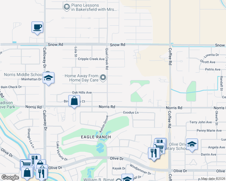 map of restaurants, bars, coffee shops, grocery stores, and more near 8816 Oak Hills Avenue in Bakersfield
