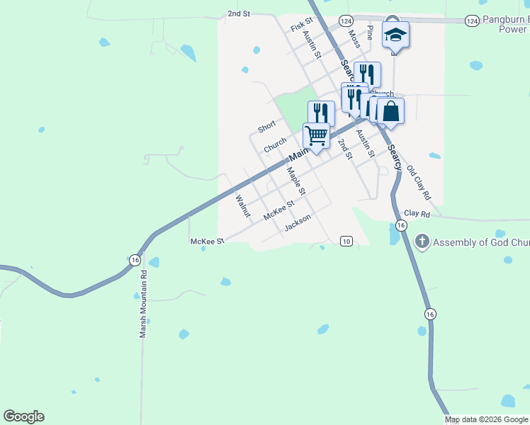 map of restaurants, bars, coffee shops, grocery stores, and more near 204 McKee Street in Pangburn