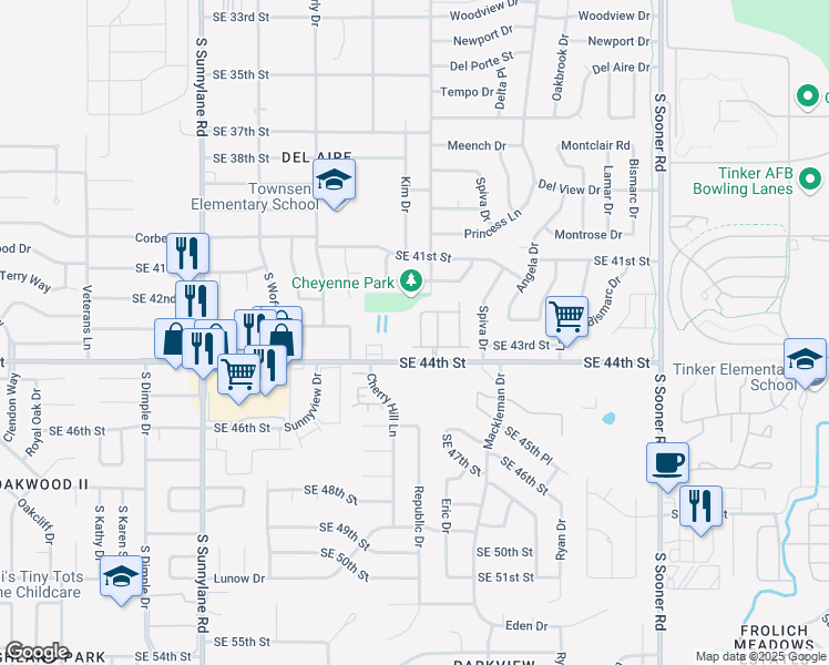 map of restaurants, bars, coffee shops, grocery stores, and more near 4620 Loch Lane in Del City