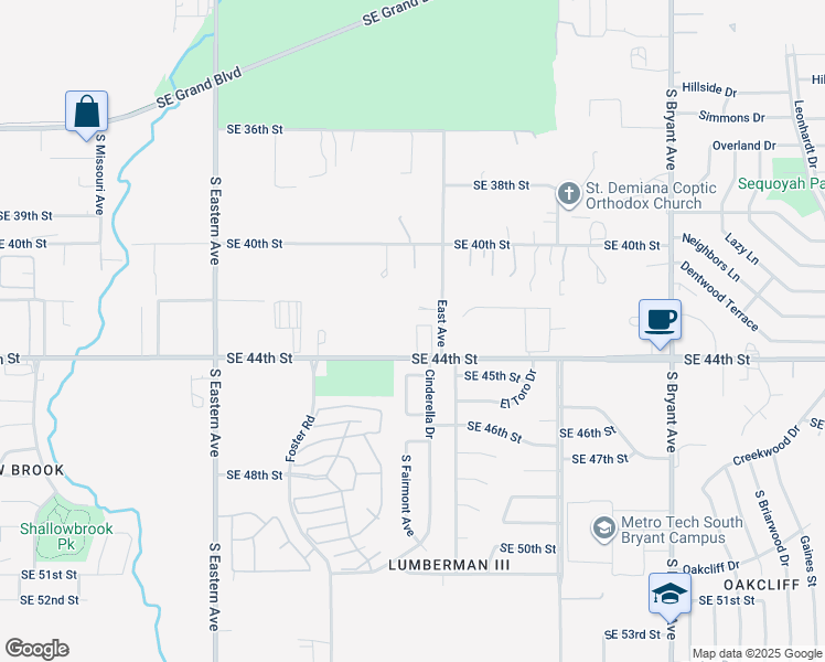 map of restaurants, bars, coffee shops, grocery stores, and more near 2301 Southeast 44th Street in Oklahoma City