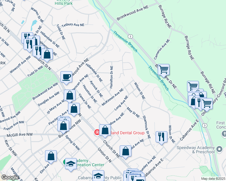 map of restaurants, bars, coffee shops, grocery stores, and more near 294 Hamilton Drive Northeast in Concord