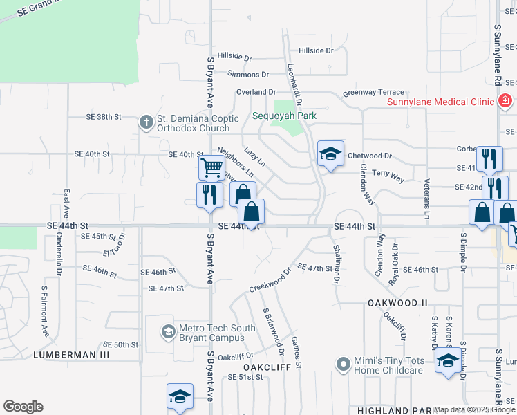 map of restaurants, bars, coffee shops, grocery stores, and more near 3033 Southeast 44th Street in Del City