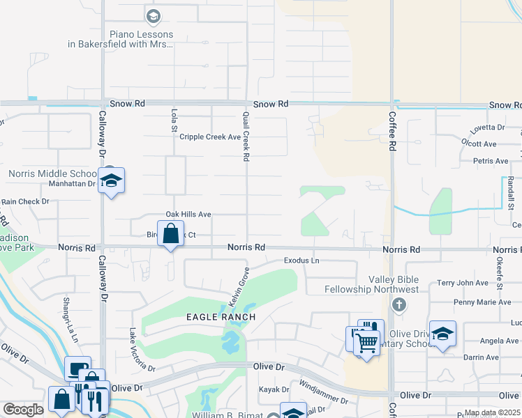 map of restaurants, bars, coffee shops, grocery stores, and more near 8816 Oak Hills Avenue in Bakersfield