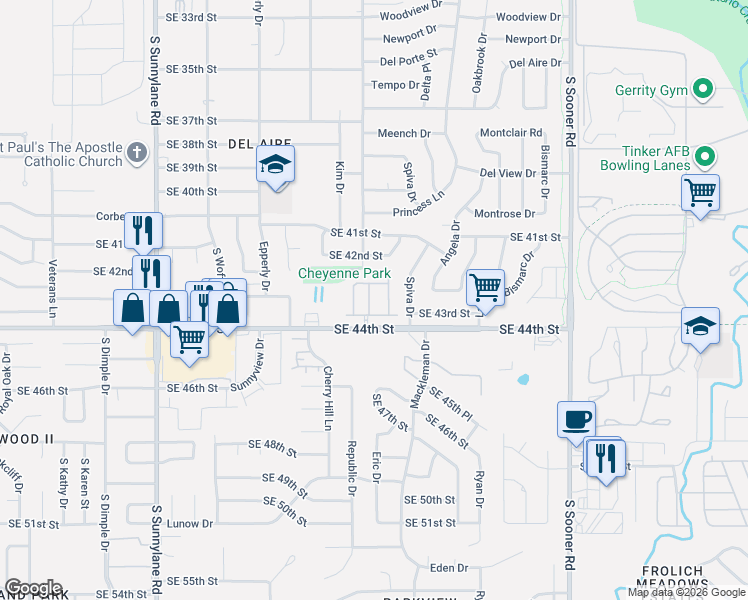 map of restaurants, bars, coffee shops, grocery stores, and more near 4701 Castle Bay Cove in Del City