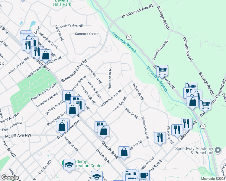 map of restaurants, bars, coffee shops, grocery stores, and more near 310 Hamilton Drive Northeast in Concord