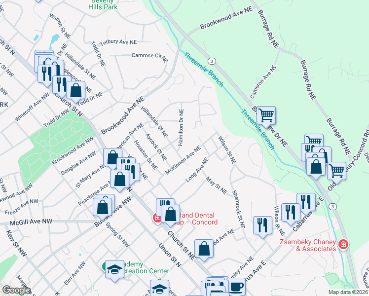 map of restaurants, bars, coffee shops, grocery stores, and more near 310 Hamilton Drive Northeast in Concord