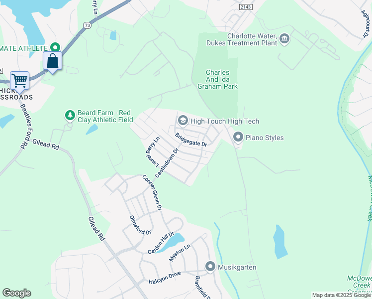 map of restaurants, bars, coffee shops, grocery stores, and more near 8202 Bridgegate Drive in Huntersville
