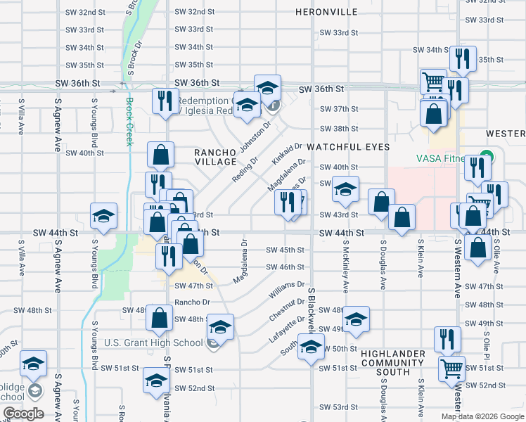 map of restaurants, bars, coffee shops, grocery stores, and more near 1410 Magdalena Drive in Oklahoma City
