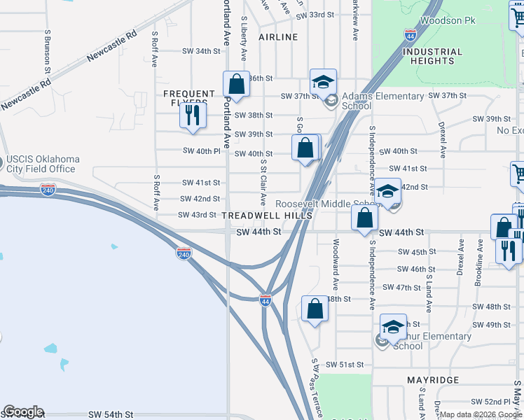 map of restaurants, bars, coffee shops, grocery stores, and more near 3600 Southwest 42nd Street in Oklahoma City