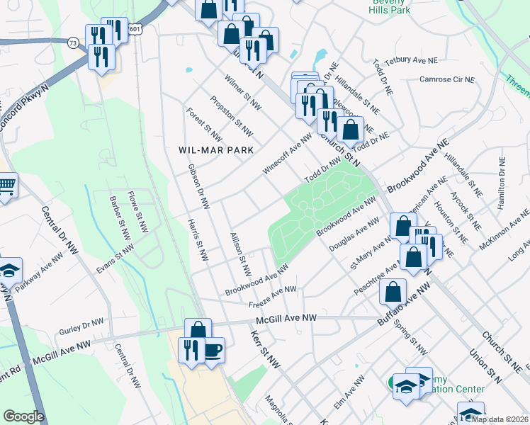map of restaurants, bars, coffee shops, grocery stores, and more near 125 Todd Drive Northwest in Concord
