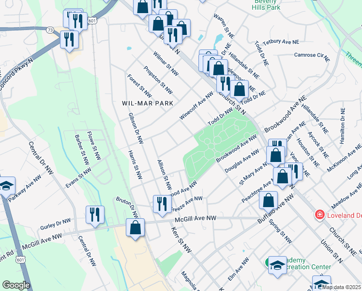 map of restaurants, bars, coffee shops, grocery stores, and more near 125 Todd Drive Northwest in Concord