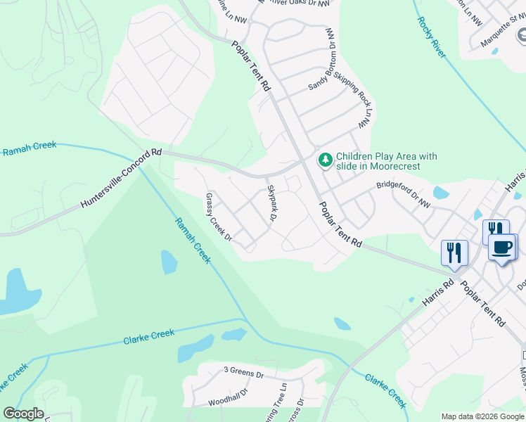 map of restaurants, bars, coffee shops, grocery stores, and more near 15141 Skypark Drive in Huntersville