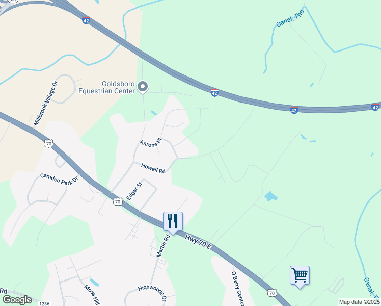 map of restaurants, bars, coffee shops, grocery stores, and more near 221 Howell Road in Goldsboro