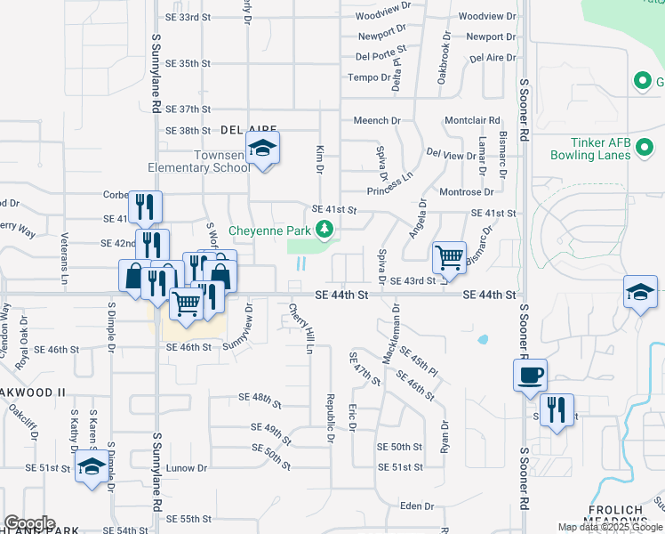 map of restaurants, bars, coffee shops, grocery stores, and more near 4300 Huntly Drive in Del City