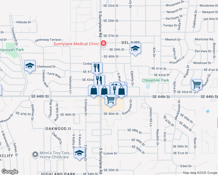 map of restaurants, bars, coffee shops, grocery stores, and more near 4325 Southeast 43rd Street in Del City