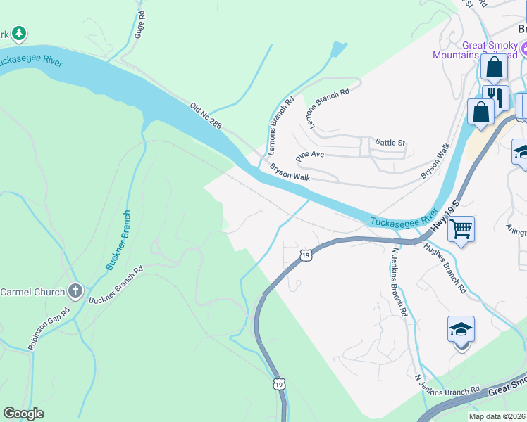 map of restaurants, bars, coffee shops, grocery stores, and more near 243 East Ridge Dr in Bryson City