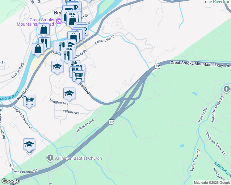 map of restaurants, bars, coffee shops, grocery stores, and more near 95 Spring Road in Bryson City