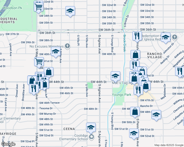 map of restaurants, bars, coffee shops, grocery stores, and more near 2429 Southwest 43rd Street in Oklahoma City