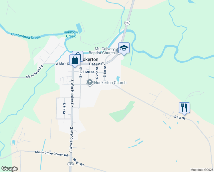 map of restaurants, bars, coffee shops, grocery stores, and more near 316 South 1st Street in Hookerton