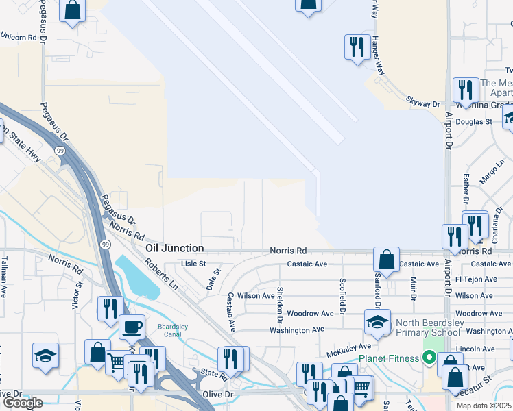 map of restaurants, bars, coffee shops, grocery stores, and more near 1740 Rench Road in Bakersfield
