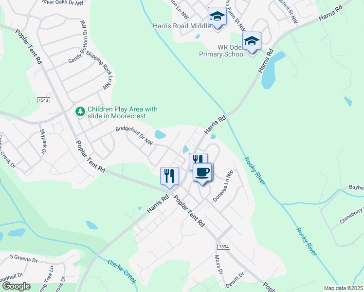 map of restaurants, bars, coffee shops, grocery stores, and more near 10424 Hillsborough Street in Concord