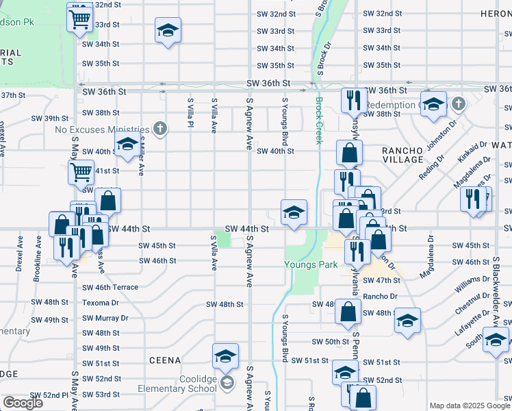 map of restaurants, bars, coffee shops, grocery stores, and more near 2336 Southwest 42nd Street in Oklahoma City